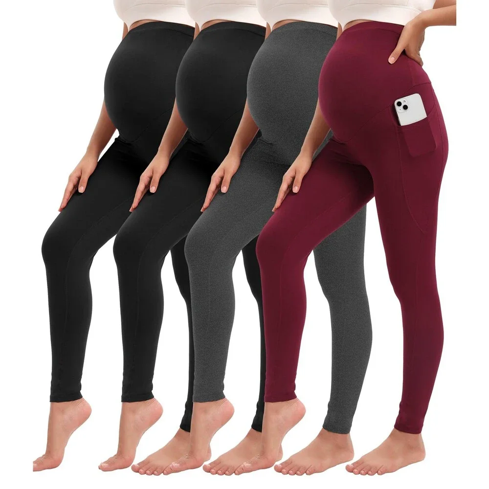 Siimcuzy Black 4 Pack Women’s Maternity Leggings Pockets Over Belly 4PK-S